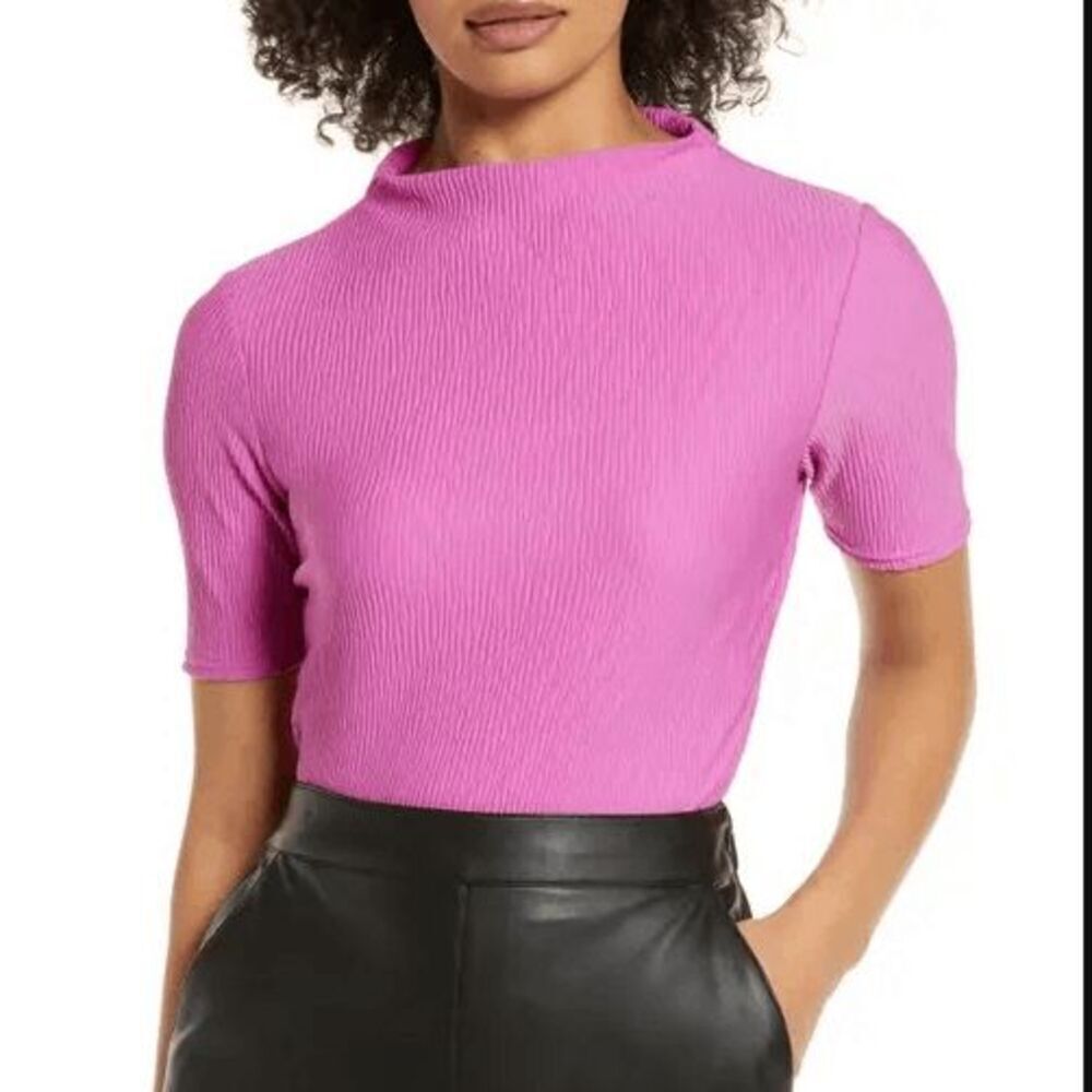 Halogen Women's Plissé Smocked Funnel Neck Top in Pink size Small